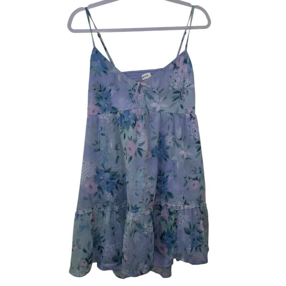 Hollister Floral Babydoll Dress Blue Purple‎ Chiffon Tiered Strappy Size Large